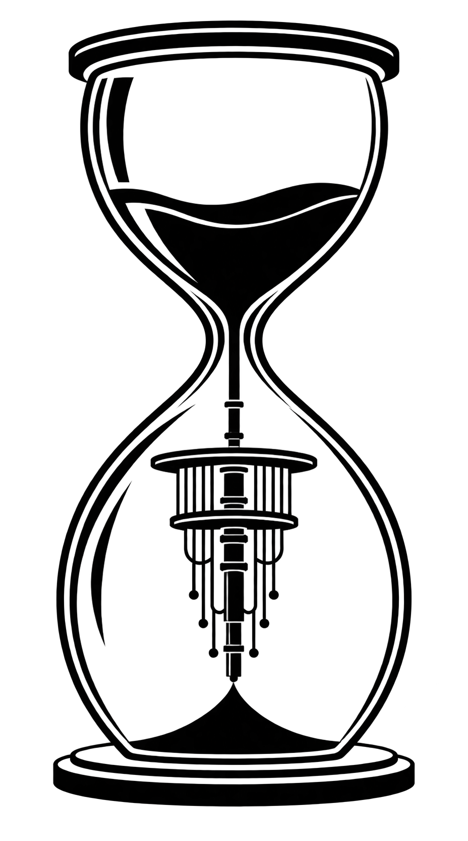 An hourglass with a quantum computer suspended inside