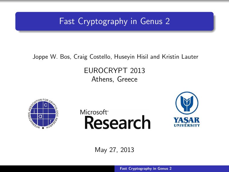 Opening slide: Fast Cryptography in Genus 2